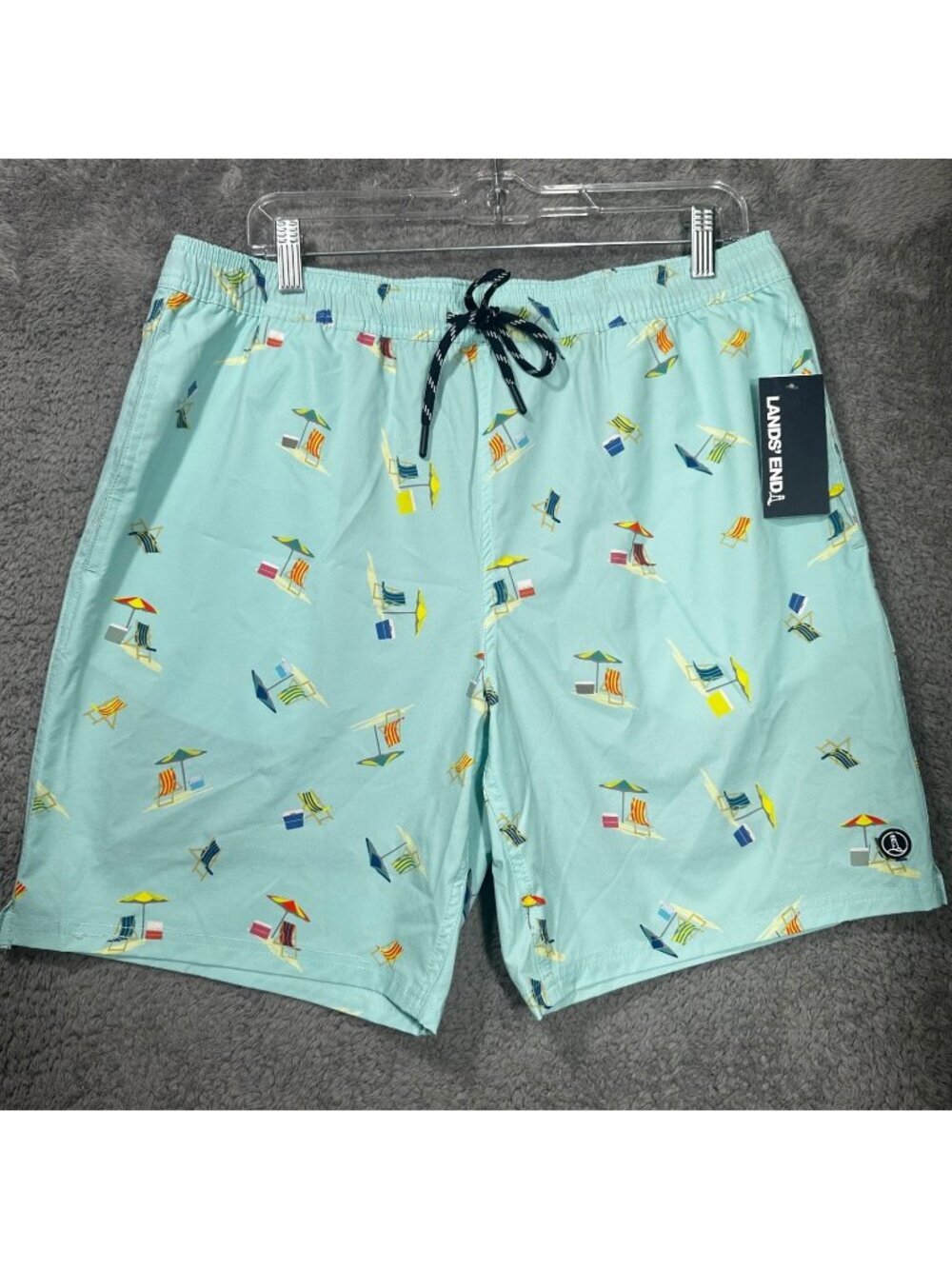 Lands' End Swim Trunks Mens L Aqua Blue Beach Chair Print Board Shorts 7.5" Inse
